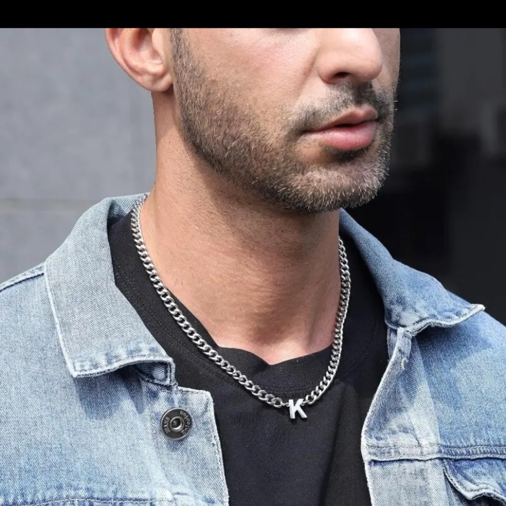 Men's Silver Chain Necklace with 'K' Pendant - Picture 5 of 8